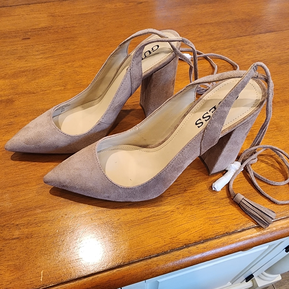 Guess block heel pump. Tie around leg. Beige suede size 7. NWOT